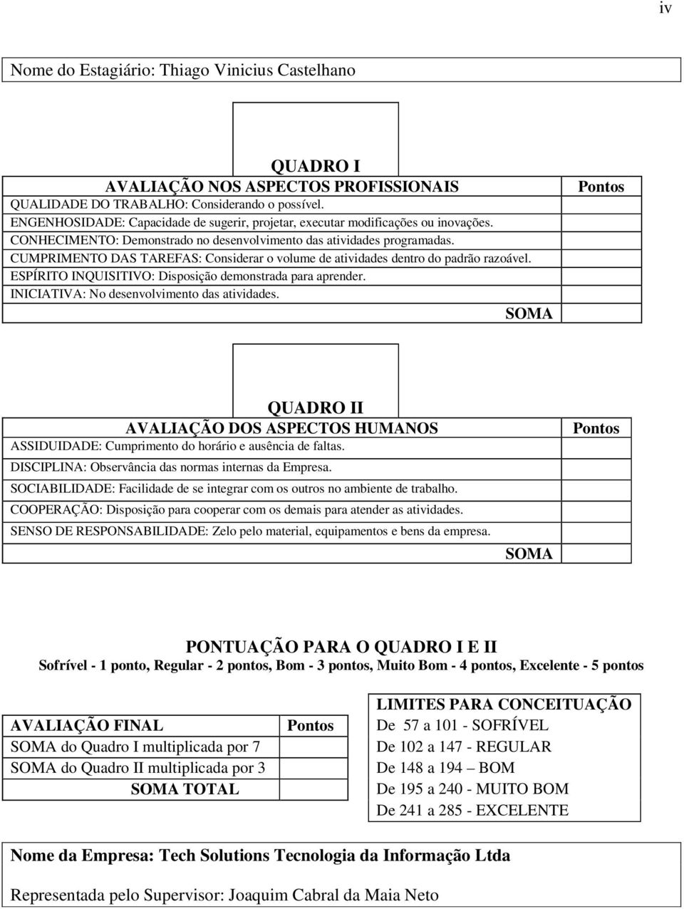 CUMPRIMENTO DAS TAREFAS: Considerar o volume de atividades dentro do padrão razoável. ESPÍRITO INQUISITIVO: Disposição demonstrada para aprender. INICIATIVA: No desenvolvimento das atividades.