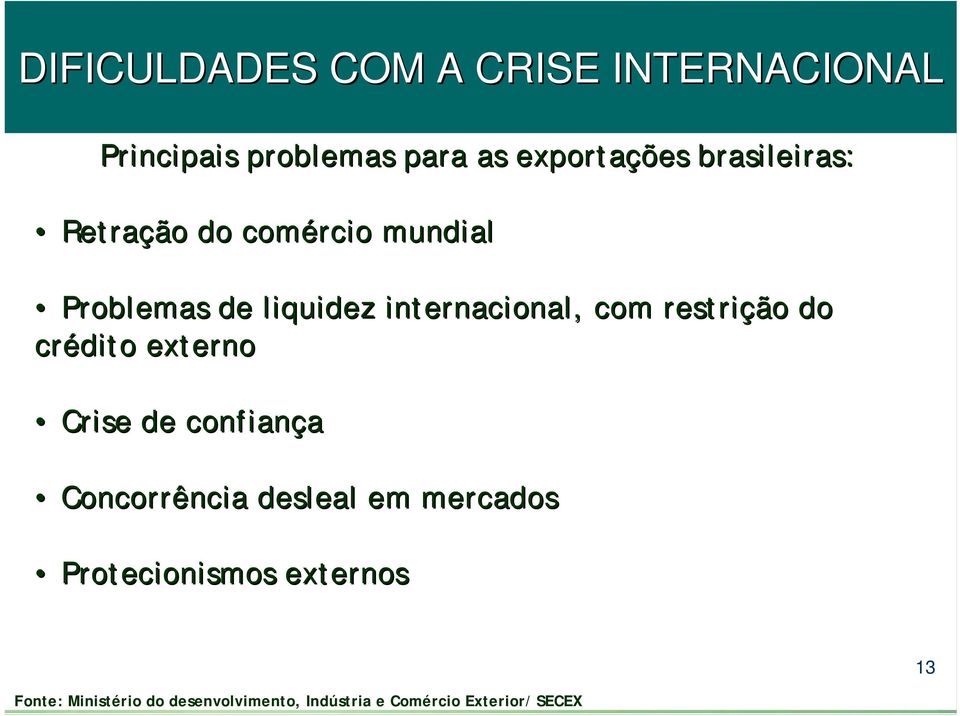 restrição do crédito externo Crise de confiança Concorrência desleal em mercados