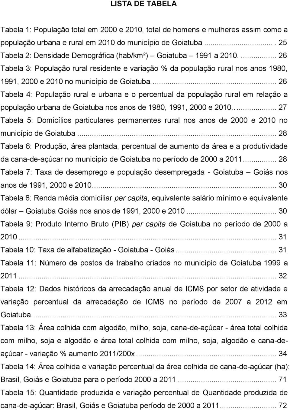 .... 26 Tabela 4: População rural e urbana e o percentual da população rural em relação a população urbana de Goiatuba nos anos de 1980, 1991, 2000 e 2010.
