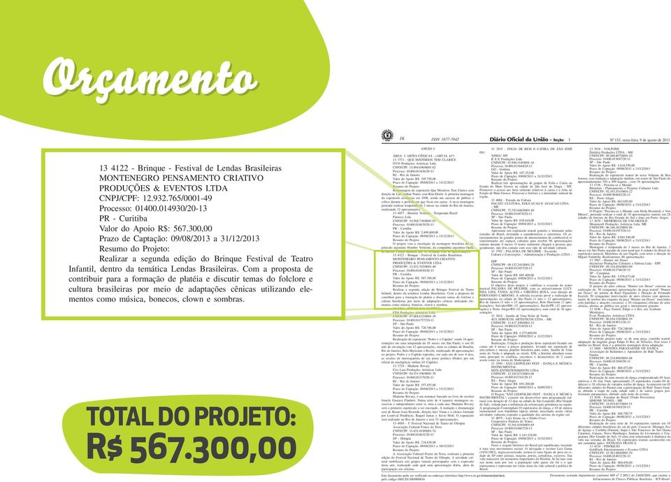 738/0001-03 Processo: 01400.014839/20-13 Orçamento PR - Curitiba Valor do Apoio R$: 2.499.