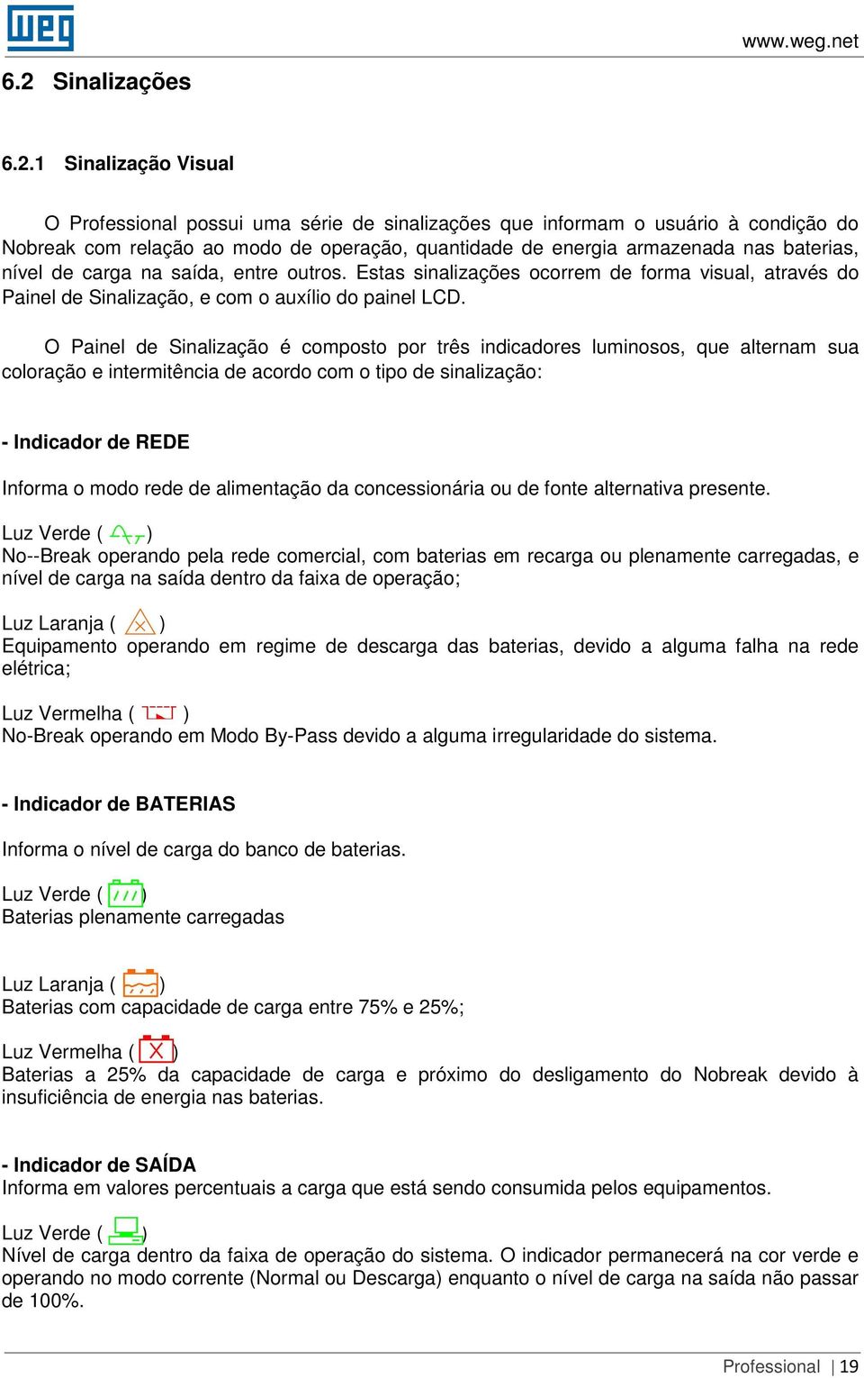 O Painel de Sinalização é composto por três indicadores luminosos, que alternam sua coloração e intermitência de acordo com o tipo de sinalização: - Indicador de REDE Informa o modo rede de