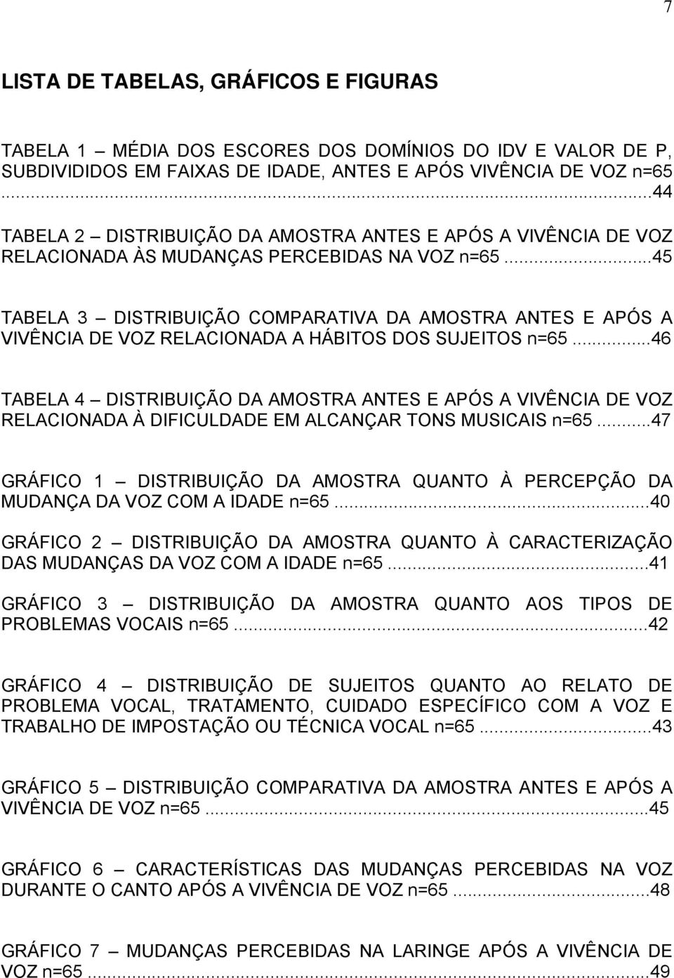 ..45 TABELA 3 DISTRIBUIÇÃO COMPARATIVA DA AMOSTRA ANTES E APÓS A VIVÊNCIA DE VOZ RELACIONADA A HÁBITOS DOS SUJEITOS n=65.