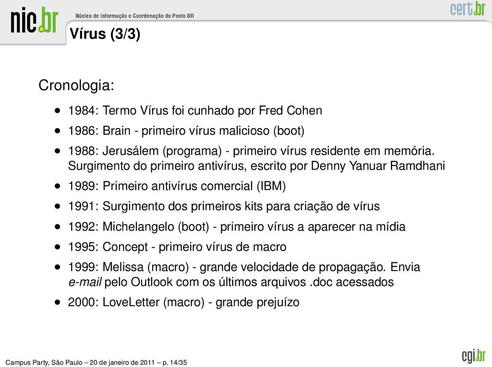Surgimento do primeiro antivírus, escrito por Denny Yanuar Ramdhani 1989: Primeiro antivírus comercial (IBM) 1991: Surgimento dos primeiros kits para criação de vírus
