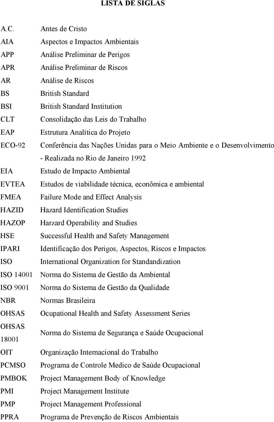 Consolidação das Leis do Trabalho EAP Estrutura Analítica do Projeto ECO-92 Conferência das Nações Unidas para o Meio Ambiente e o Desenvolvimento - Realizada no Rio de Janeiro 1992 EIA Estudo de