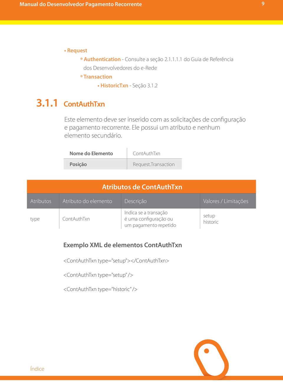 Transaction Atributos de ContAuthTxn Atributos Atributo do elemento Descrição Valores / Limitações type ContAuthTxn Indica se a transação é uma configuração ou um pagamento