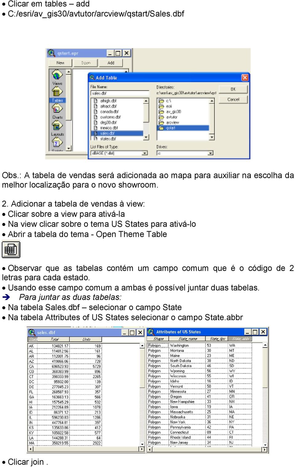 Adicionar a tabela de vendas à view: Clicar sobre a view para ativá-la Na view clicar sobre o tema US States para ativá-lo Abrir a tabela do tema - Open Theme Table