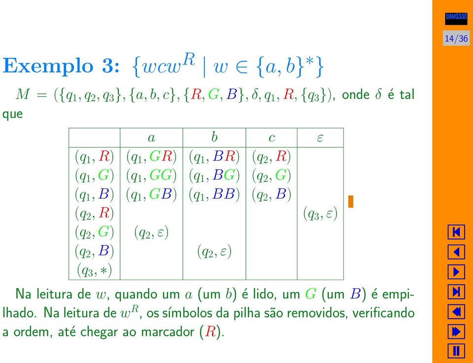 2, R) (q 3, ε) (q 2, G) (q 2, ε) (q 2, B) (q 2, ε) (q 3, ) Na leitura de w, quando um a (um b) é lido, um G (um B) é