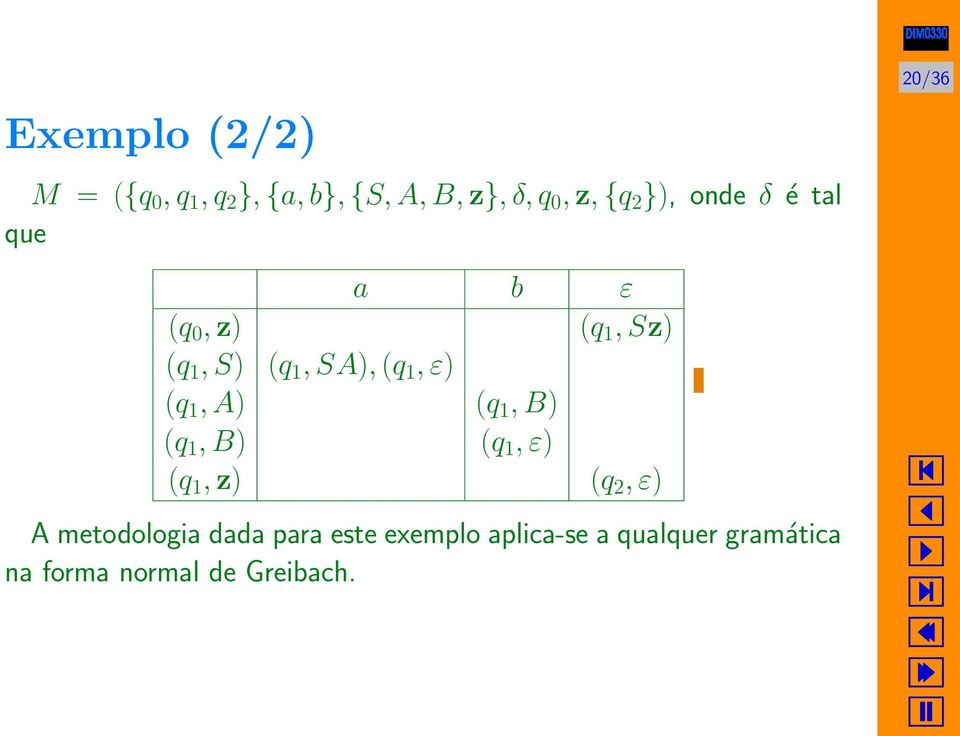 (q 1, A) (q 1, B) (q 1, B) (q 1, ε) (q 1, z) (q 2, ε) A metodologia dada