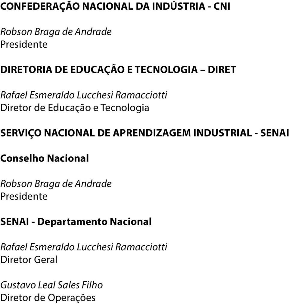 DE APRENDIZAGEM INDUSTRIAL - SENAI Conselho Nacional Robson Braga de Andrade Presidente SENAI -