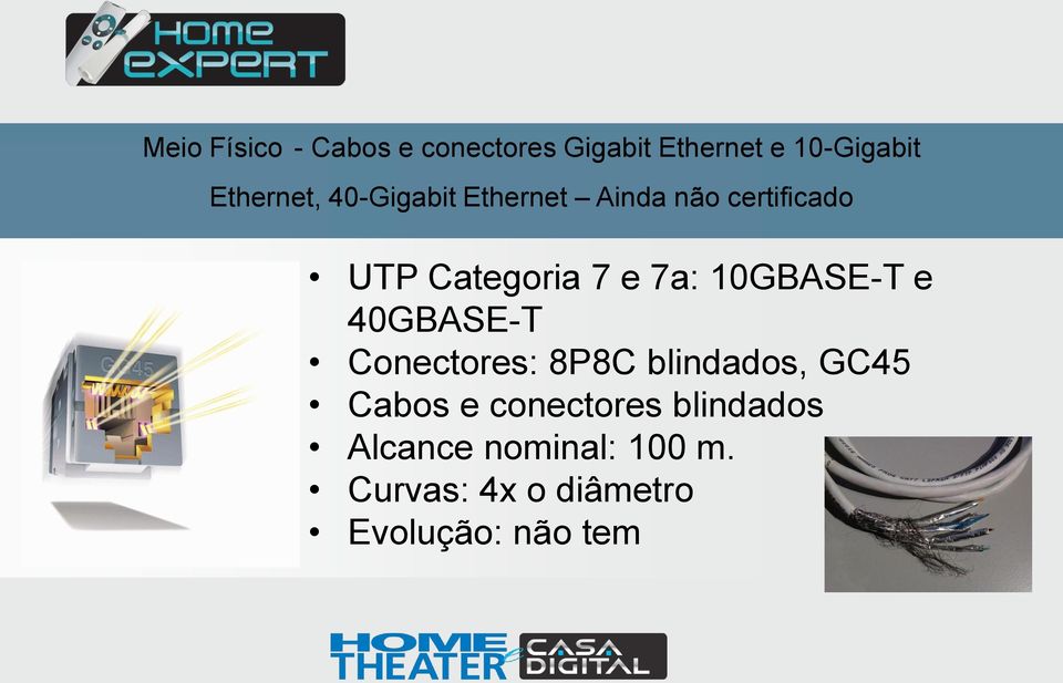 7a: 10GBASE-T e 40GBASE-T Conectores: 8P8C blindados, GC45 Cabos e