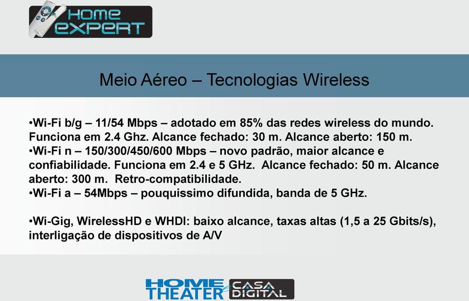 Funciona em 2.4 e 5 GHz. Alcance fechado: 50 m. Alcance aberto: 300 m. Retro-compatibilidade.