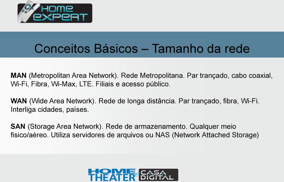 WAN (Wide Area Network). Rede de longa distância. Par trançado, fibra, Wi-Fi. Interliga cidades, países.