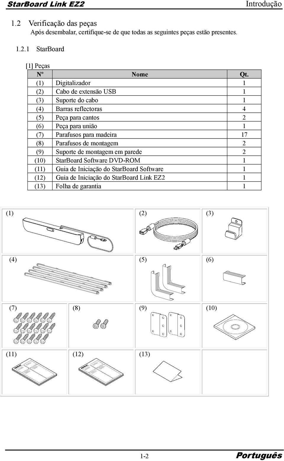 Parafusos para madeira 17 (8) Parafusos de montagem 2 (9) Suporte de montagem em parede 2 (10) StarBoard Software DVD-ROM 1 (11) Guia de Iniciação do