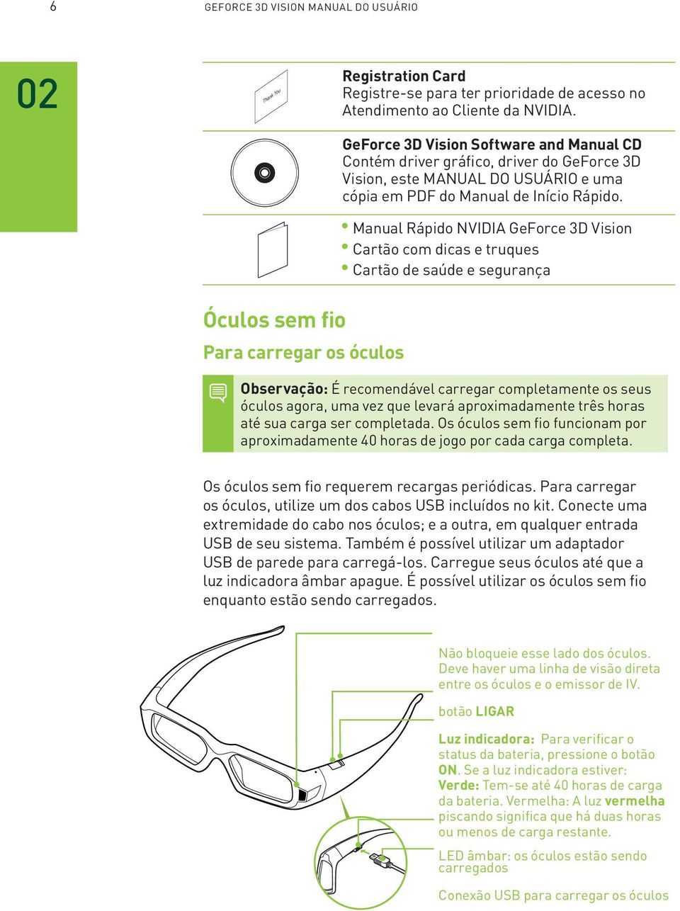 Manual Rápido NVIDIA GeForce 3D Vision Cartão com dicas e truques Cartão de saúde e segurança Óculos sem fio Para carregar os óculos Observação: É recomendável carregar completamente os seus óculos