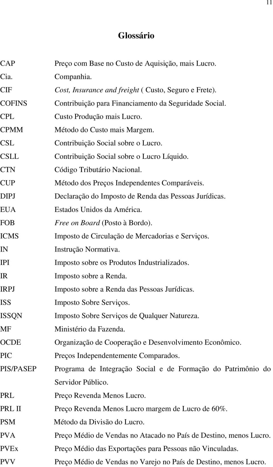 CSLL Contribuição Social sobre o Lucro Líquido. CTN Código Tributário Nacional. CUP Método dos Preços Independentes Comparáveis. DIPJ Declaração do Imposto de Renda das Pessoas Jurídicas.