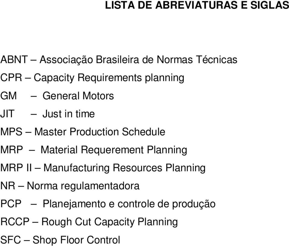 Material Requerement Planning MRP II Manufacturing Resources Planning NR Norma