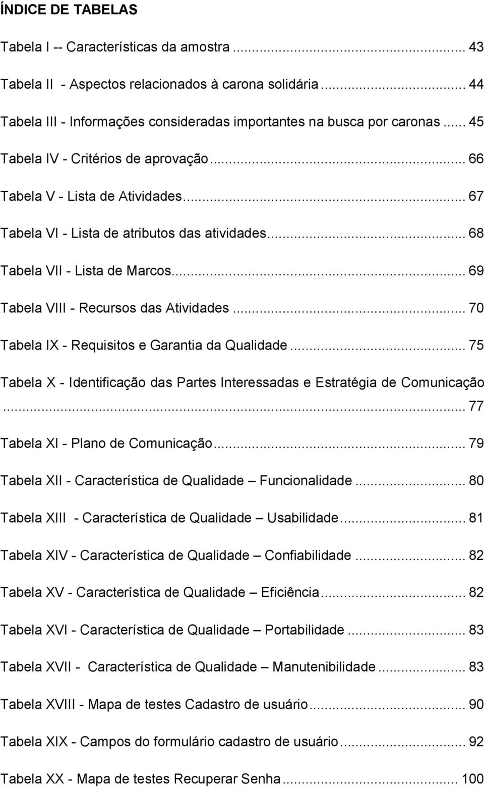 .. 69 Tabela VIII - Recursos das Atividades... 70 Tabela IX - Requisitos e Garantia da Qualidade... 75 Tabela X - Identificação das Partes Interessadas e Estratégia de Comunicação.