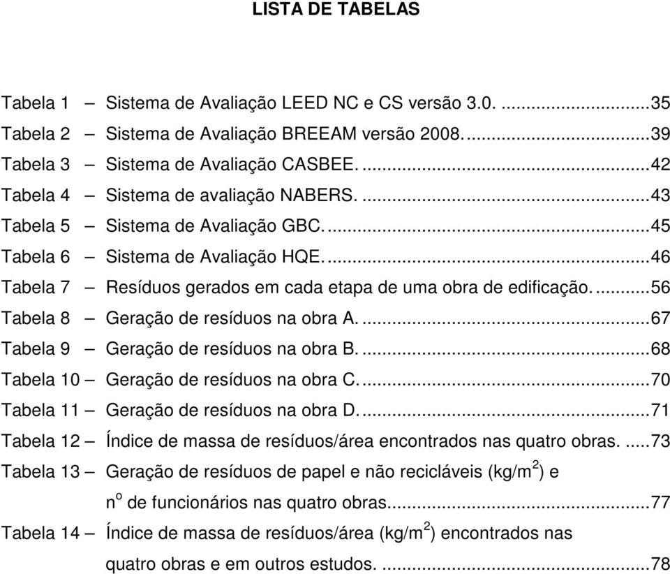 ..56 Tabela 8 Geração de resíduos na obra A....67 Tabela 9 Geração de resíduos na obra B....68 Tabela 10 Geração de resíduos na obra C...70 Tabela 11 Geração de resíduos na obra D.