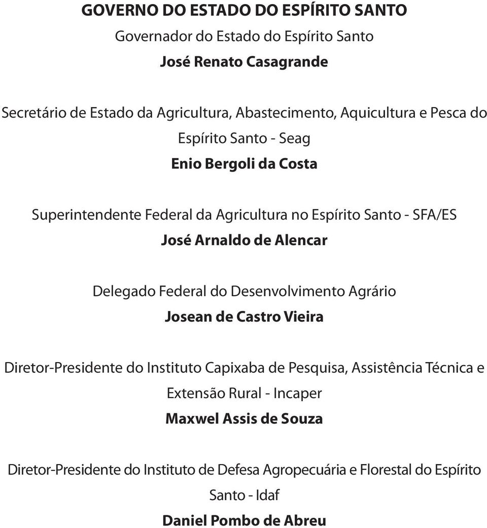 Alencar Delegado Federal do Desenvolvimento Agrário Josean de Castro Vieira Diretor-Presidente do Instituto Capixaba de Pesquisa, Assistência Técnica e