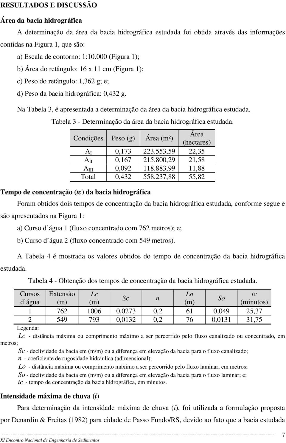 Na Tabela 3, é apresentada a determinação da área da bacia hidrográfica estudada. Tabela 3 - Determinação da área da bacia hidrográfica estudada.