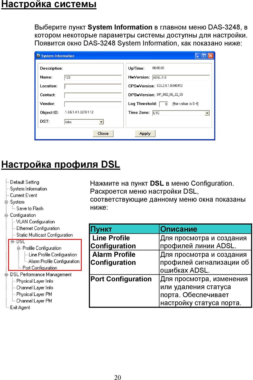 Раскроется меню настройки DSL, соответствующие данному меню окна показаны ниже: Пункт Line Profile Configuration Alarm Profile Configuration Port Configuration