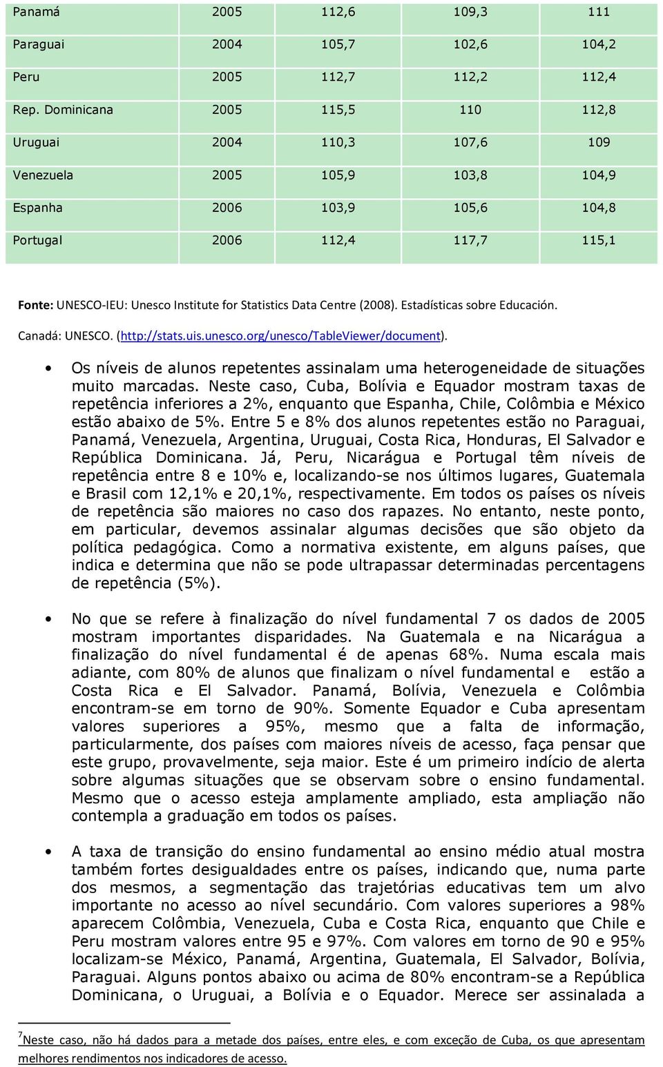 Statistics Data Centre (2008). Estadísticas sobre Educación. Canadá: UNESCO. (http://stats.uis.unesco.org/unesco/tableviewer/document).