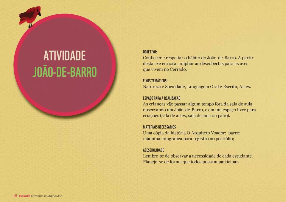 ESPAÇO PARA A REALIZAÇÃO As crianças vão passar algum tempo fora da sala de aula observando um João-de-Barro, e em um espaço livre para criações (sala de artes, sala de aula