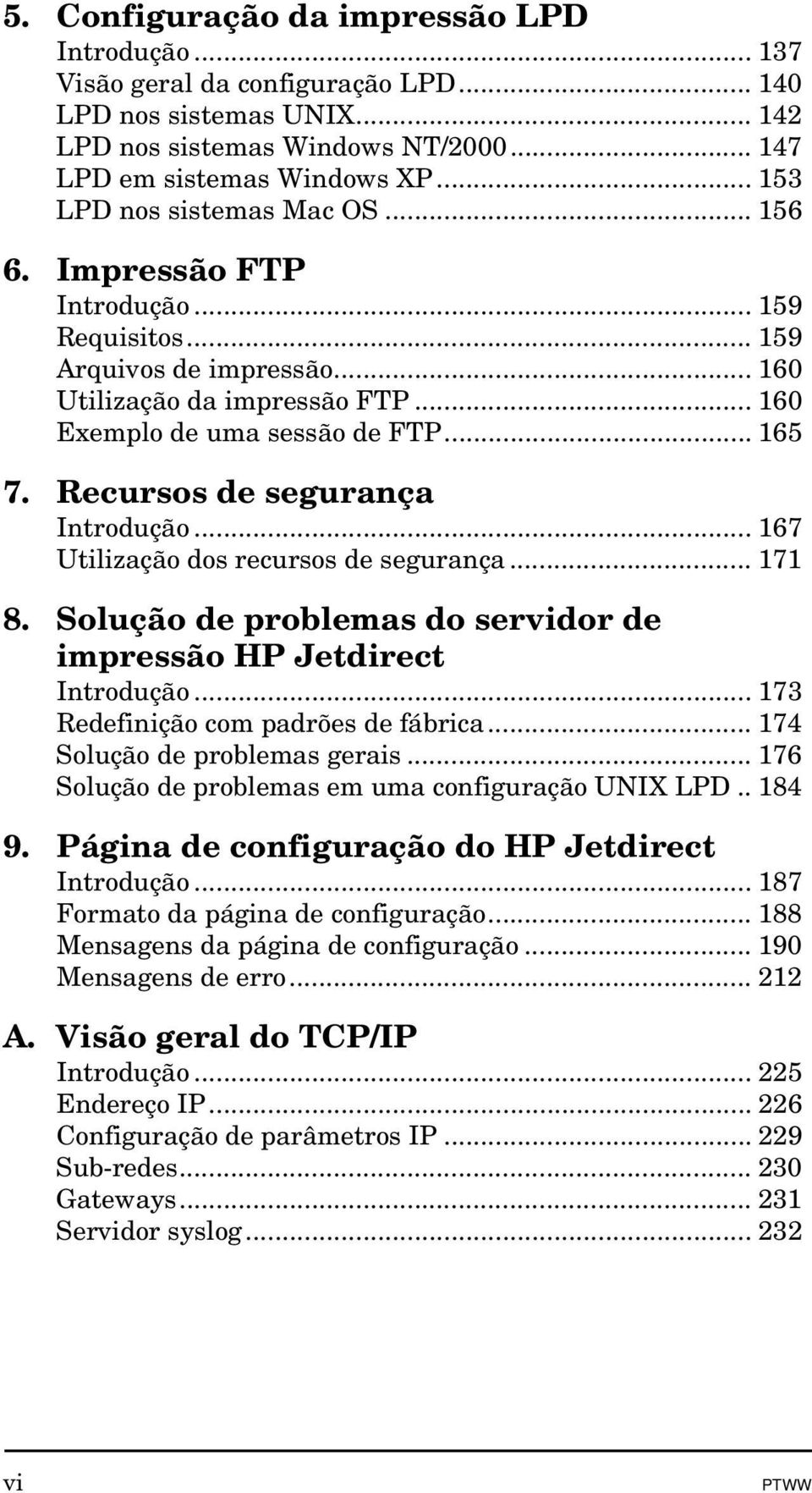 Recursos de segurança Introdução... 167 Utilização dos recursos de segurança... 171 8. Solução de problemas do servidor de impressão HP Jetdirect Introdução... 173 Redefinição com padrões de fábrica.