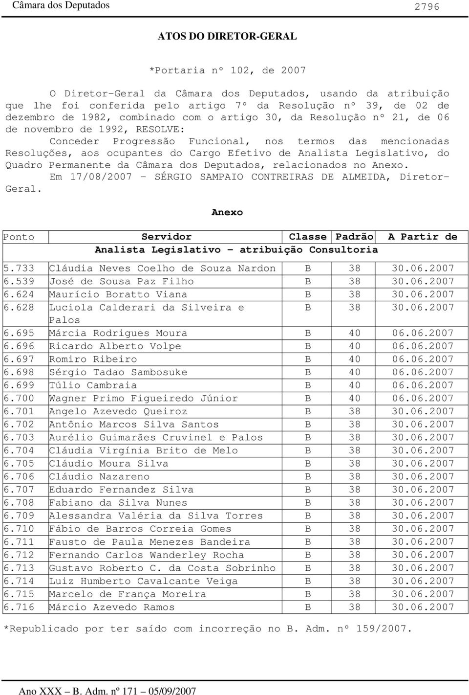 Legislativo, do Quadro Permanente da Câmara dos Deputados, relacionados no Anexo. Em 17/08/2007 - SÉRGIO SAMPAIO CONTREIRAS DE ALMEIDA, Diretor- Geral.