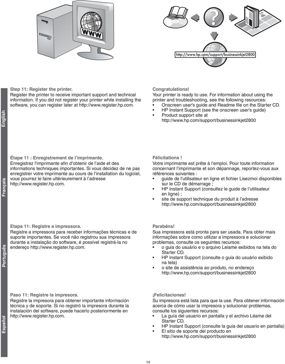 For information about using the printer and troubleshooting, see the following resources: Onscreen user s guide and Readme file on the Starter CD.