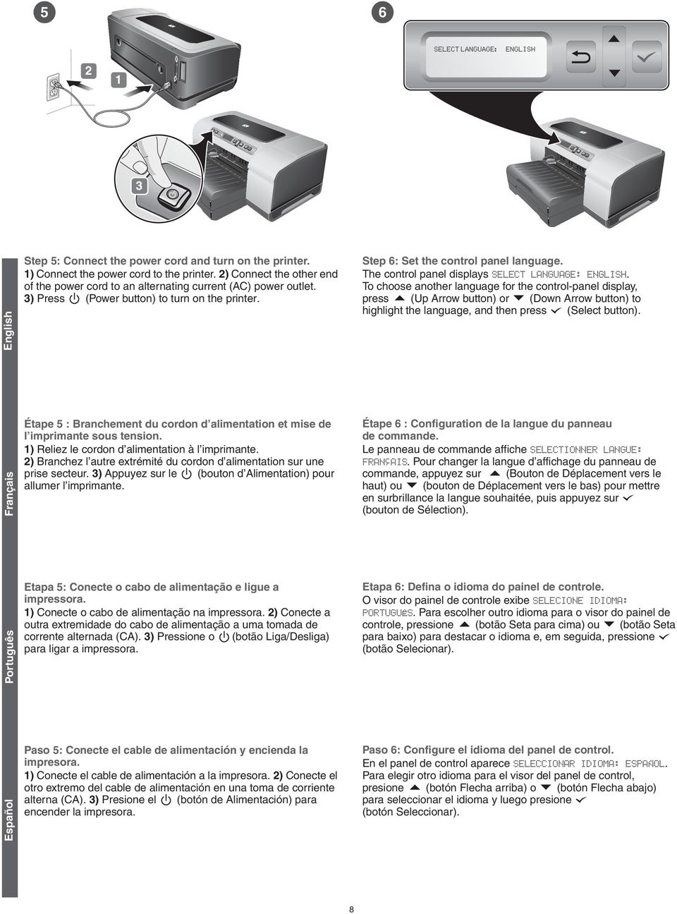 The control panel displays SELECT LANGUAGE: ENGLISH.