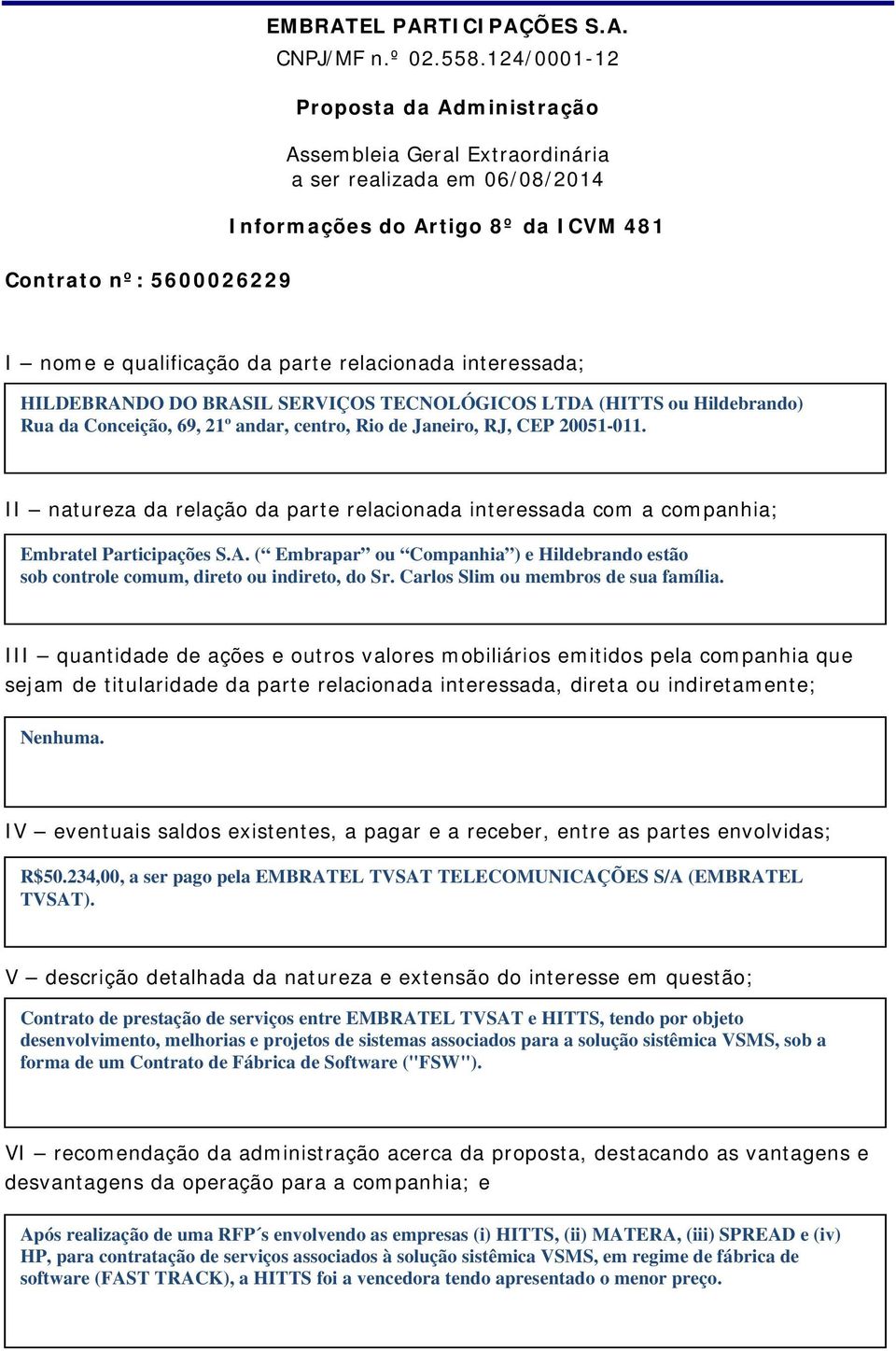 relacionada interessada; HILDEBRANDO DO BRASIL SERVIÇOS TECNOLÓGICOS LTDA (HITTS ou Hildebrando) Rua da Conceição, 69, 21º andar, centro, Rio de Janeiro, RJ, CEP 20051-011.