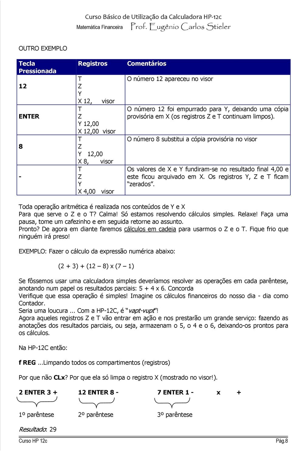 O número 8 substitui a cópia provisória no visor Os valores de X e Y fundiram-se no resultado final 4,00 e este ficou arquivado em X. Os registros Y, e ficam zerados.