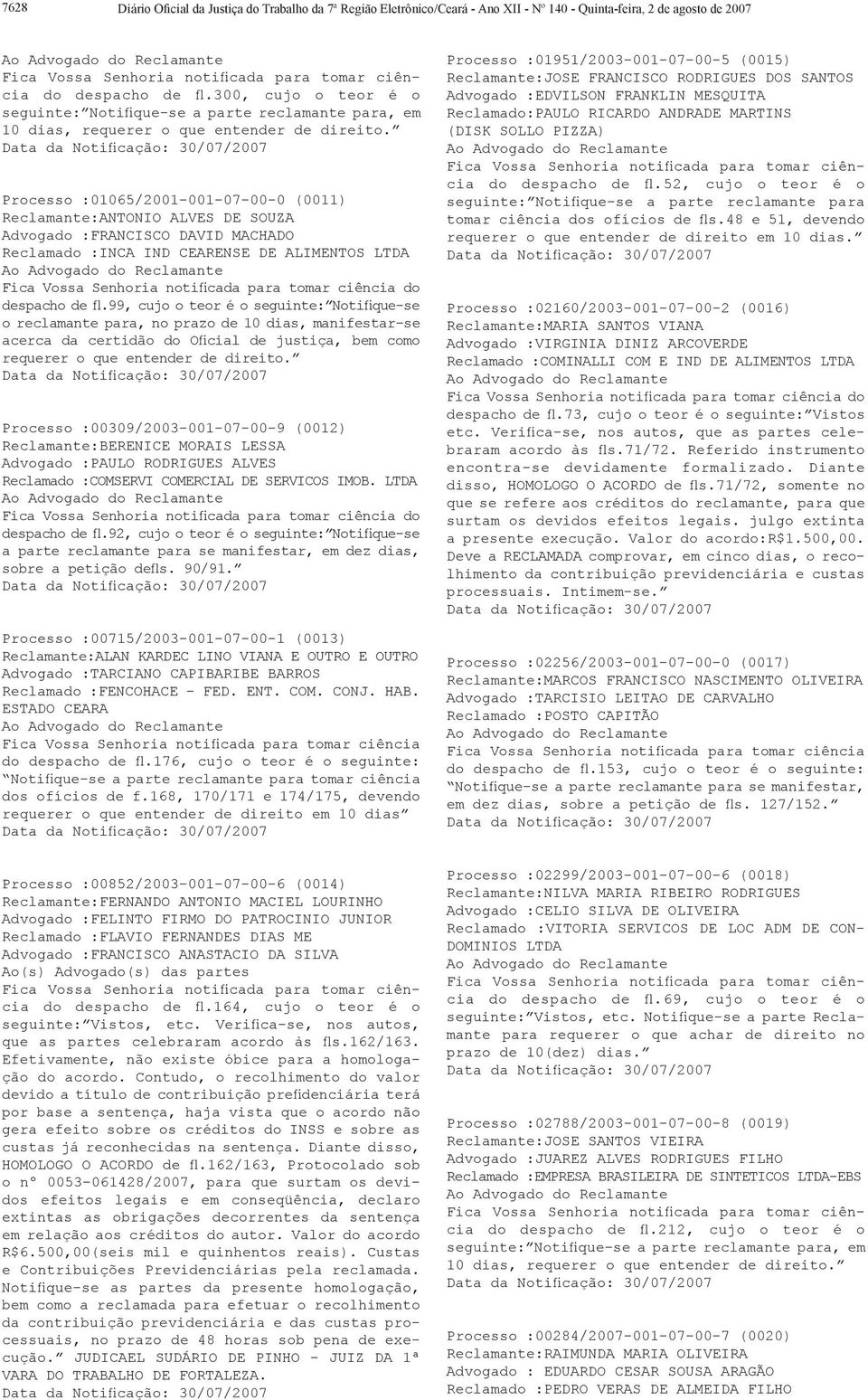 Processo :01065/2001-001-07-00-0 (0011) Reclamante:ANTONIO ALVES DE SOUZA Advogado :FRANCISCO DAVID MACHADO Reclamado :INCA IND CEARENSE DE ALIMENTOS LTDA Fica Vossa Senhoria notificada para tomar