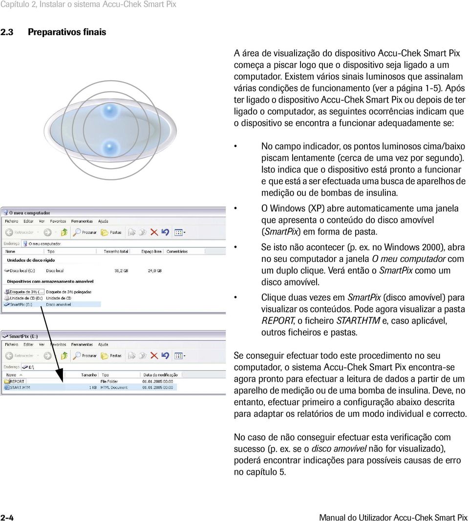 Após ter ligado o dispositivo Accu-Chek Smart Pix ou depois de ter ligado o computador, as seguintes ocorrências indicam que o dispositivo se encontra a funcionar adequadamente se: No campo