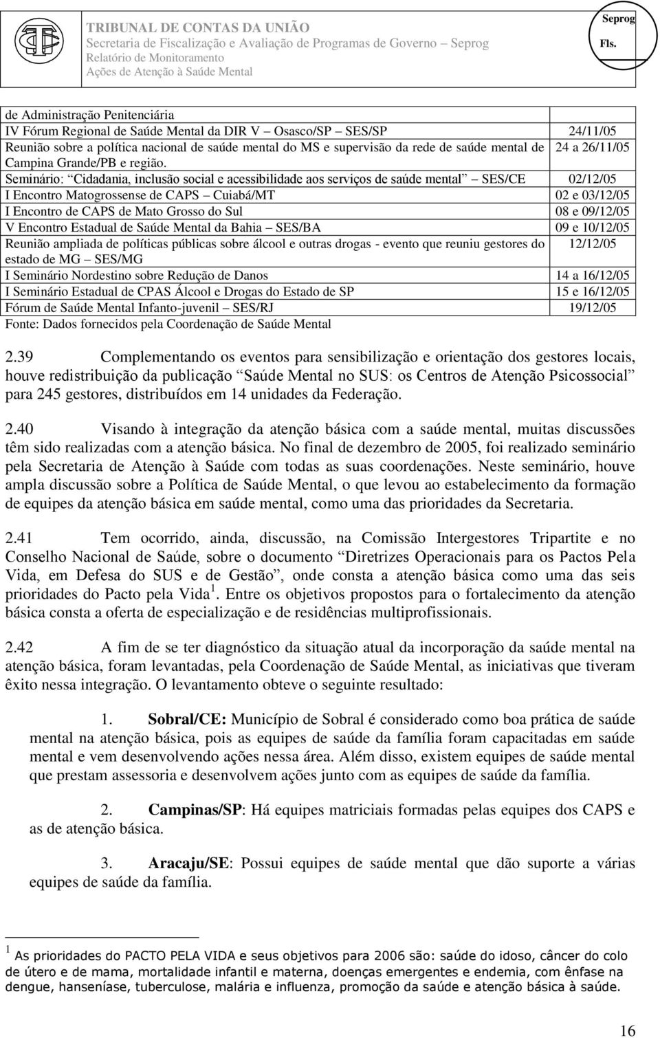 Seminário: Cidadania, inclusão social e acessibilidade aos serviços de saúde mental SES/CE 02/12/05 I Encontro Matogrossense de CAPS Cuiabá/MT 02 e 03/12/05 I Encontro de CAPS de Mato Grosso do Sul