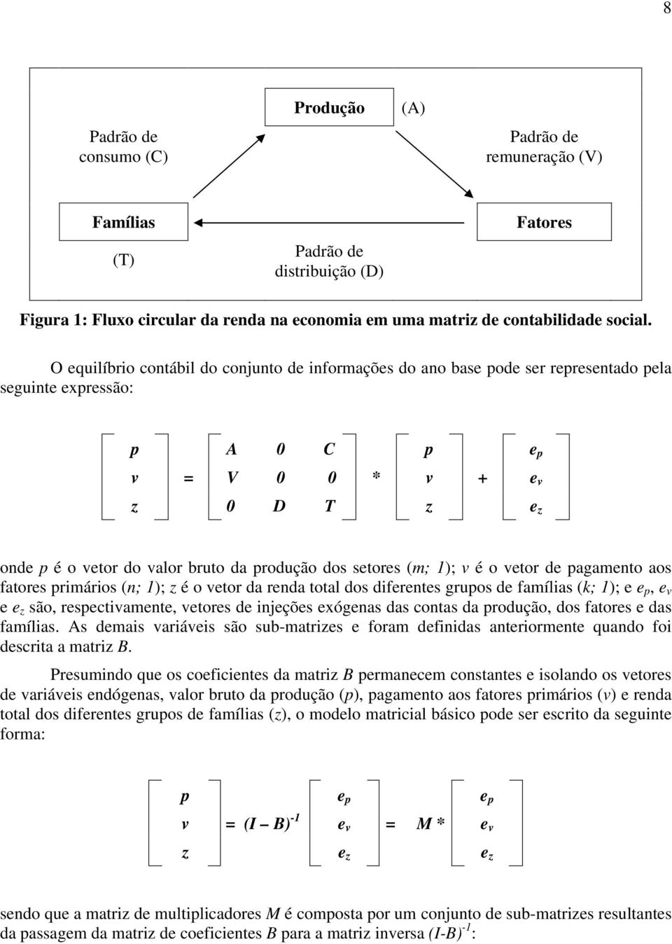 dos setores (m; 1); v é o vetor de pagamento aos fatores primários (n; 1); z é o vetor da renda total dos diferentes grupos de famílias (k; 1); e e p, e v e e z são, respectivamente, vetores de