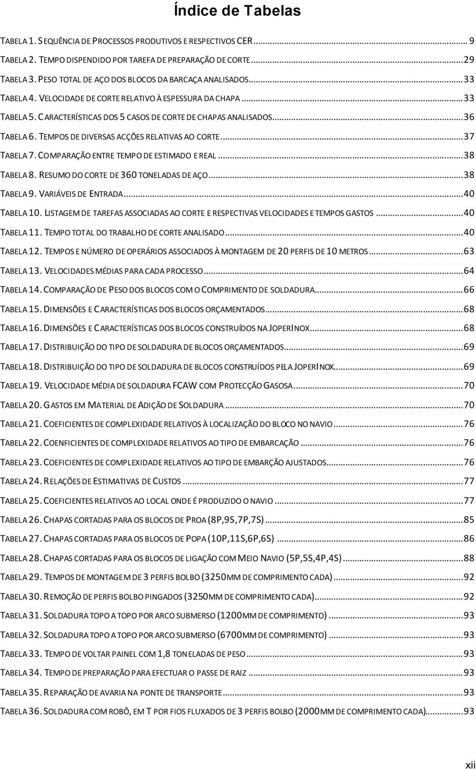 .. 36 TABELA 6. TEMPOS DE DIVERSAS ACÇÕES RELATIVAS AO CORTE... 37 TABELA 7. COMPARAÇÃO ENTRE TEMPO DE ESTIMADO E REAL... 38 TABELA 8. RESUMO DO CORTE DE 360 TONELADAS DE AÇO... 38 TABELA 9.