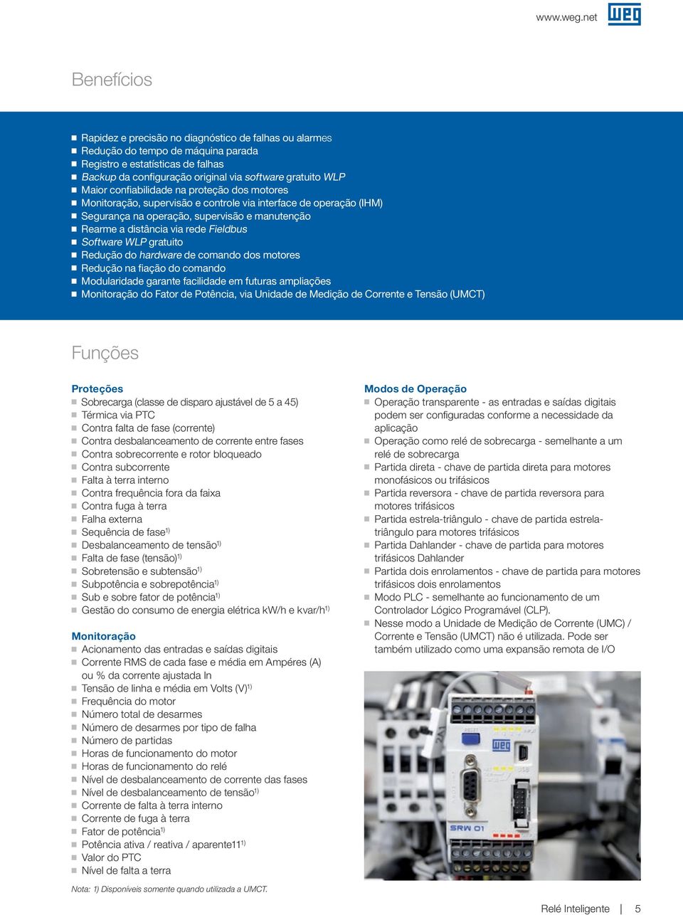 WLP ratuito Redução do hardware de comando dos motores Redução na fiação do comando Modularidade arante facilidade em futuras ampliações Monitoração do Fator de Potência, via Unidade de Medição de