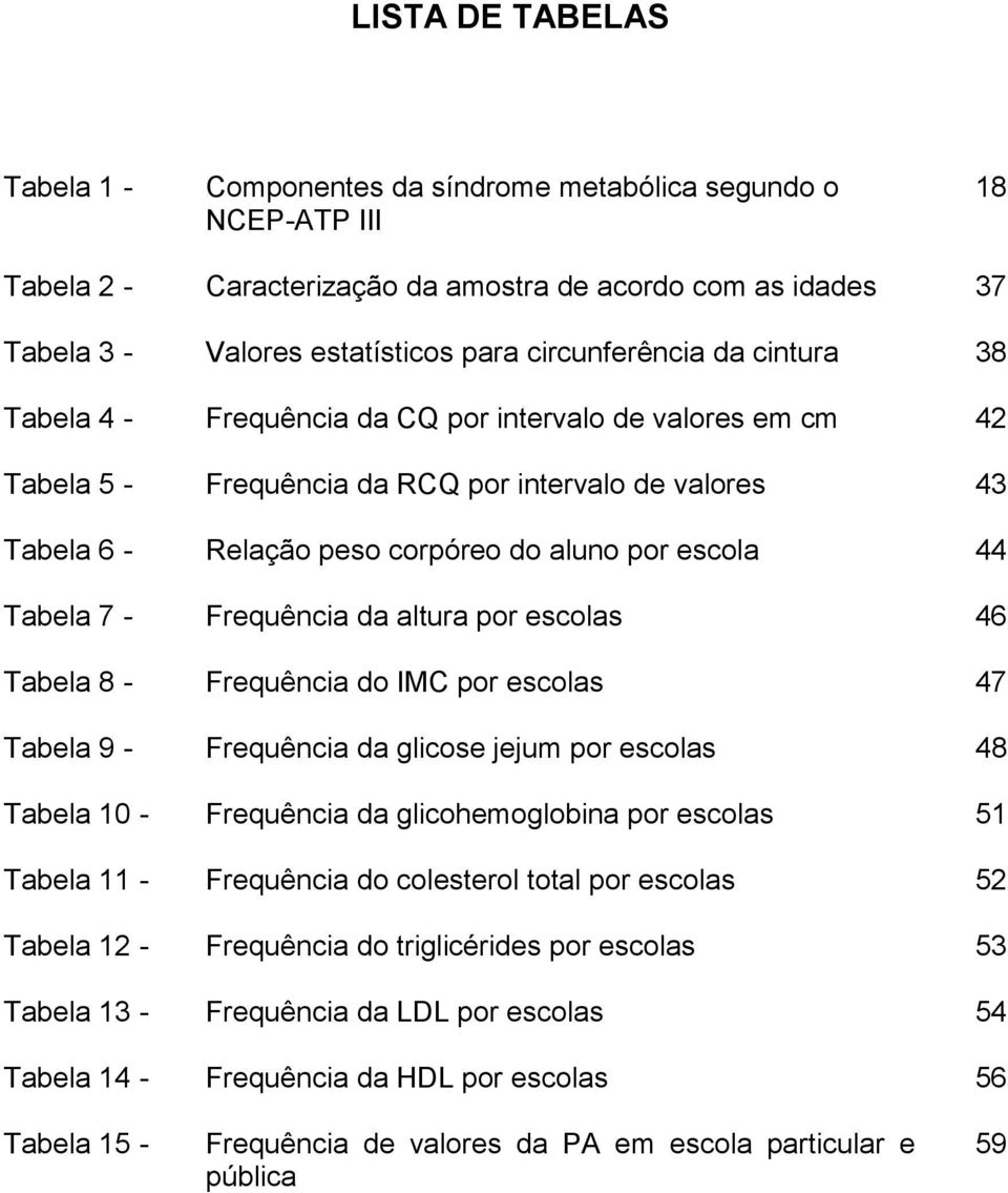 escola 44 Tabela 7 - Frequência da altura por escolas 46 Tabela 8 - Frequência do IMC por escolas 47 Tabela 9 - Frequência da glicose jejum por escolas 48 Tabela 10 - Frequência da glicohemoglobina