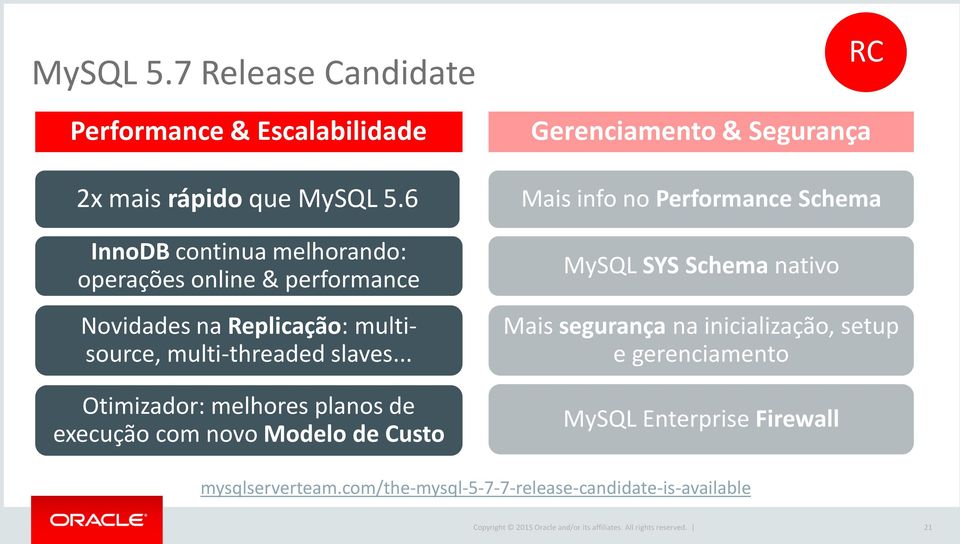 .. Otimizador: melhores planos de execução com novo Modelo de Custo Gerenciamento & Segurança Mais info no Performance Schema