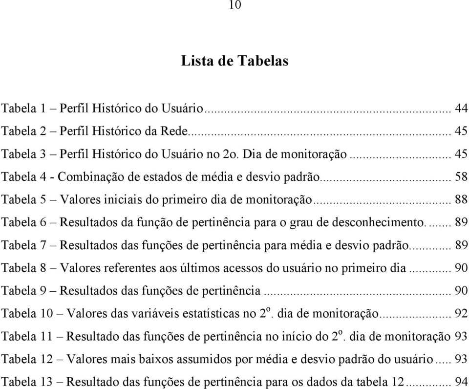 .. 88 Tabela 6 Resultados da função de pertinência para o grau de desconhecimento... 89 Tabela 7 Resultados das funções de pertinência para média e desvio padrão.