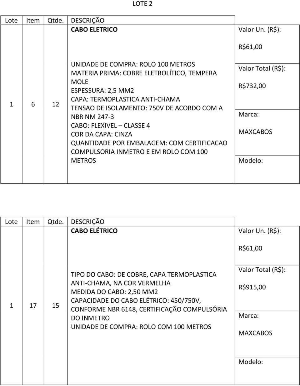 ROLO COM 100 METROS R$732,00 CABO ELÉTRICO 1 17 15 TIPO DO CABO: DE COBRE, CAPA TERMOPLASTICA ANTI-CHAMA, NA COR VERMELHA MEDIDA DO CABO: