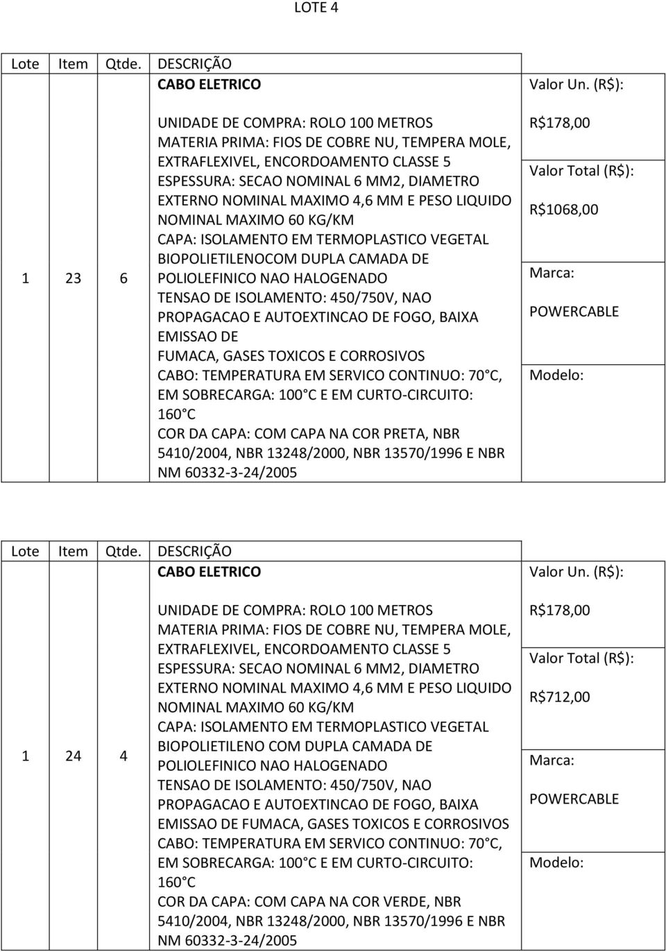 R$1068,00 1 24 4 ESPESSURA: SECAO NOMINAL 6 MM2, DIAMETRO EXTERNO NOMINAL MAXIMO 4,6 MM E PESO LIQUIDO NOMINAL MAXIMO 60 KG/KM