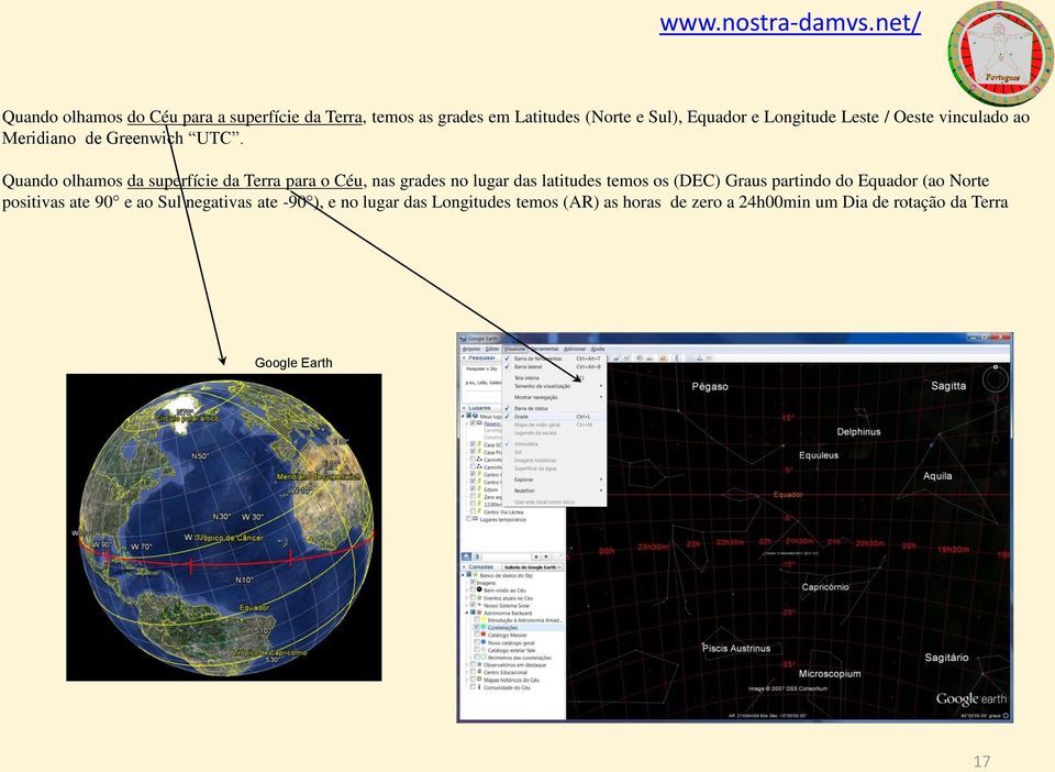 Quando olhamos da superfície da Terra para o Céu, nas grades no lugar das latitudes temos os (DEC) Graus partindo