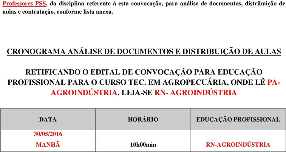 CRONOGRAMA ANÁLISE DE DOCUMENTOS E DISTRIBUIÇÃO DE AULAS RETIFICANDO O EDITAL DE CONVOCAÇÃO PARA EDUCAÇÃO