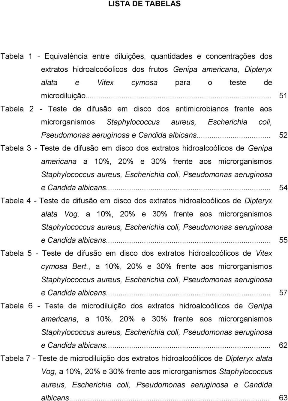 .. 52 Tabela 3 - Teste de difusão em disco dos extratos hidroalcoólicos de Genipa americana a 10%, 20% e 30% frente aos microrganismos Staphylococcus aureus, Escherichia coli, Pseudomonas aeruginosa
