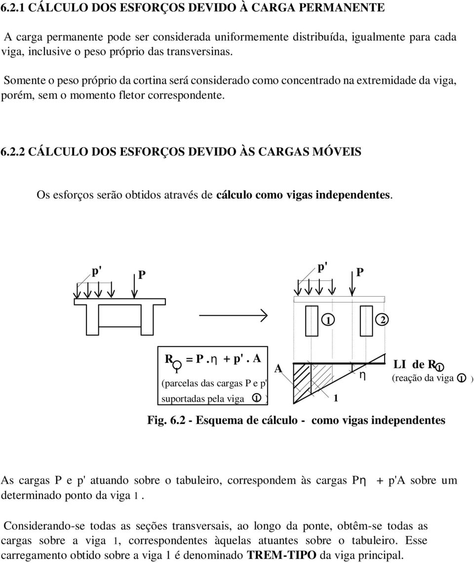 2 CÁLCULO DOS ESFORÇOS DEVIDO ÀS CARGAS MÓVEIS Os esforços serão obtidos através de cálculo como vigas independentes. p' P p' P 1 2 R = P. η + p'.