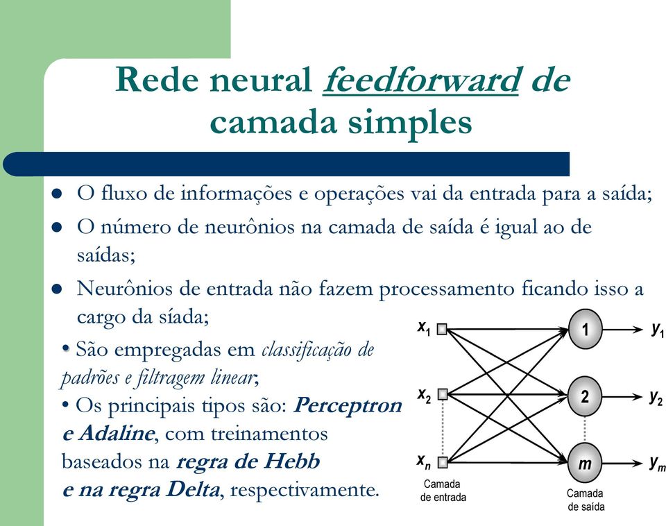 ficando isso a cargo da síada; São empregadas em classificação de padrões e filtragem linear; Os principais