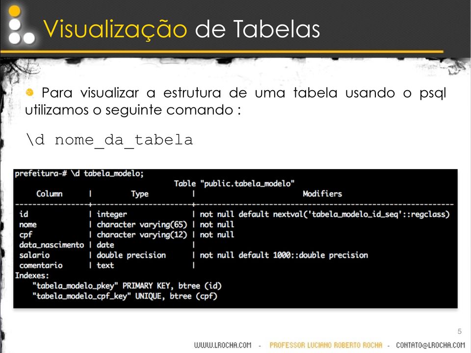 tabela usando o psql utilizamos